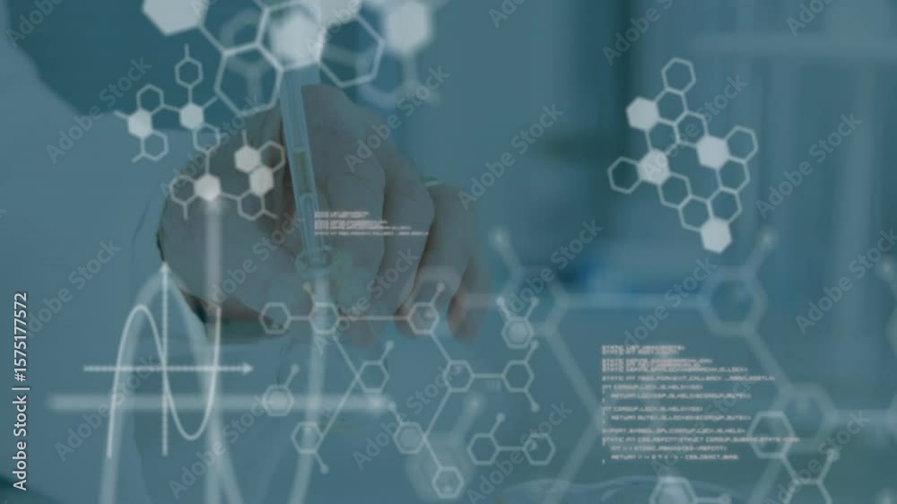 Poster scientist holding pipette entering lab, fading hexagons, scrolling code and sliding sine wave graph