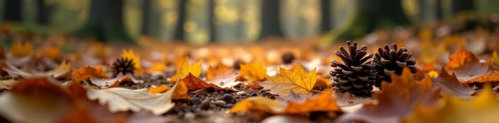 Macro shot of fallen leaves and pinecones covering the ground in a forest, autumnal, forest floor