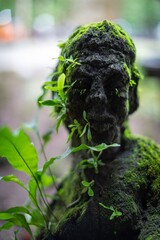A moss-covered stone statue of a human face in Ubud, Bali, Indonesia. Green plants grow on the statue, showing nature reclaiming art. The statue is weathered, adding to its charm.