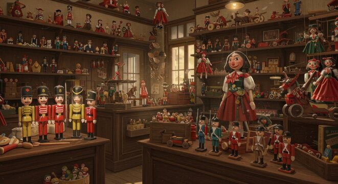 Whimsical toy emporium showcasing handcrafted dolls and wooden soldiers brimming with nostalgia