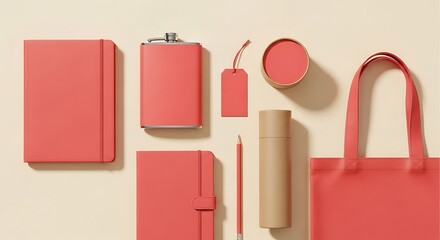 Coral colored promotional objects on a beige background for advertising and branding