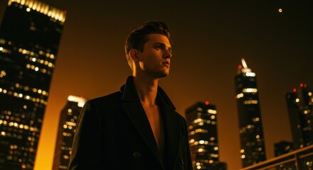Elegant man amidst the luminous skyline of a modern cityscape at twilight hour