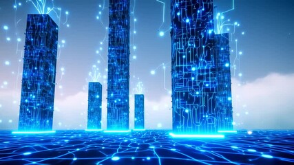 Abstract digital city with glowing network connections and circuit board design, data flow concept - Powered by Adobe