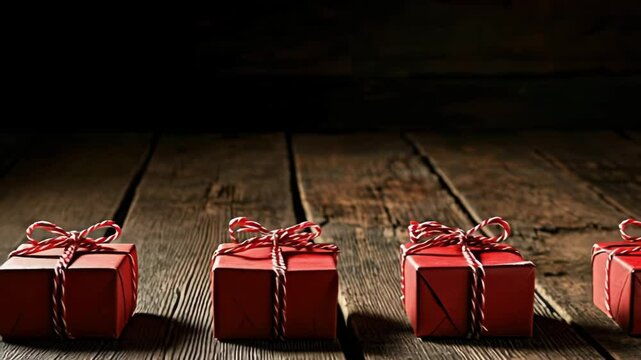 Creative gift card featuring rustic wooden surface adorned with beautifully wrapped red presents tied with twine, evoking warmth and festive joy