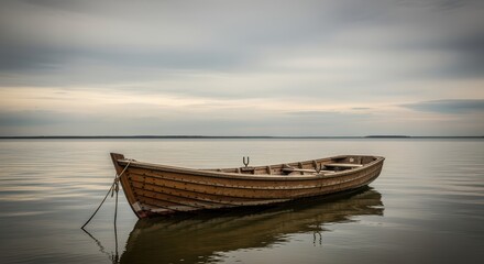Obraz premium Wooden Rowboat Floating Calm Water Under Cloudy Sky in Serene Landscape