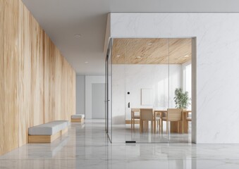 Modern, light-filled hallway with a view of a meeting room