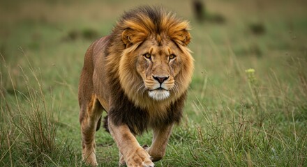 Majestic lion strides through lush grasslands displaying dominance and power