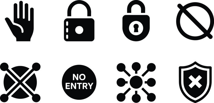 Black and White Icon Set Hand Padlocks Forbidden Signs and Shield