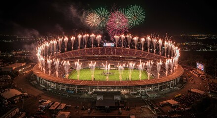 Spectacular aerial view of stadium illuminated with vibrant fireworks display celebration