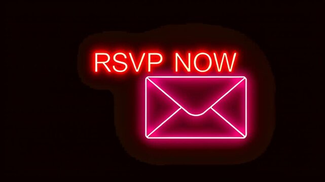 A neon sign that says rsvp now with an envelope in the middle