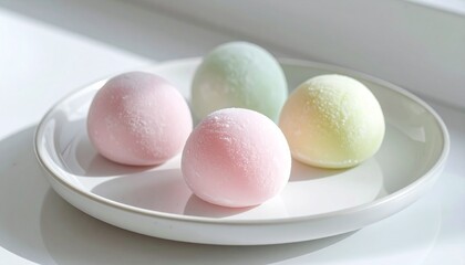 Pastel Mochi Delights on a White Plate, a sweet and colorful Japanese dessert ready to be enjoyed in a bright setting