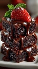 Delight in a stack of decadent chocolate brownies, drizzled with rich chocolate sauce and adorned with a fresh strawberry and mint sprigs, a tempting dessert treat.