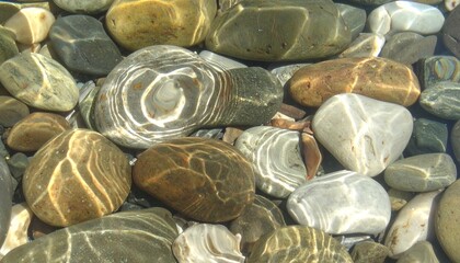 Smooth river rocks underwater shimmer with sunlight and unique patterns along the clear stream shore