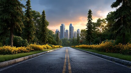 Straight asphalt road leading into a futuristic skyline filled with sleek, high-rise commercial buildings during golden hour lighting.