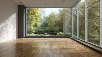 Naklejka premium Empty room with hardwood floor and large windows overlooking a tranquil garden