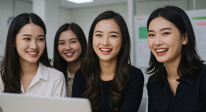 Two young Asian businesswomen smiling while working together in a bright and creative office environment. The image reflects teamwork, joy at work, women in business, and startup culture.