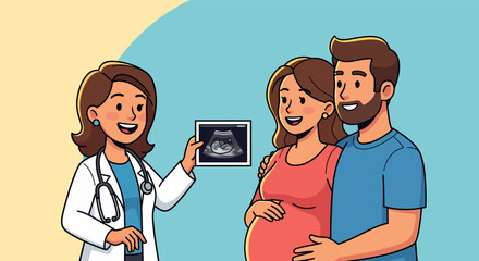 Expectant couple with doctor viewing ultrasound image of their unborn child.