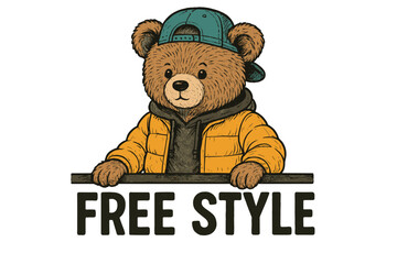 Obraz premium Cute cartoon bear wearing a cap and jacket promoting a fun free style activity for kids