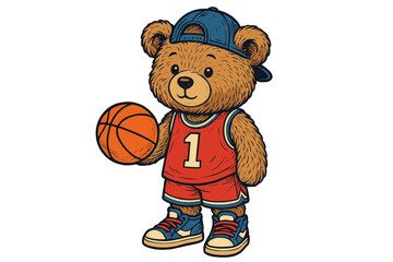 Cute bear character dressed in a sports outfit holds a basketball in a playful pose, perfect for children's entertainment and apparel design