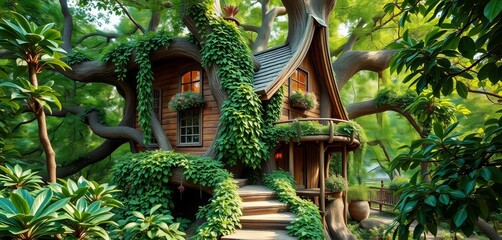 Fototapeta premium A whimsical tree house nestled amongst lush green leaves, offering ample empty space, spring, summer