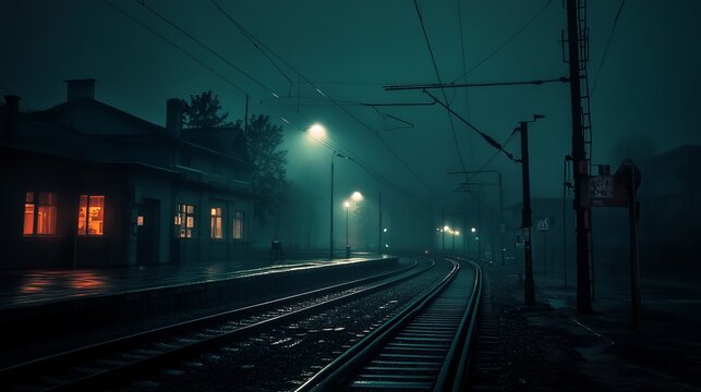 A misty night at a deserted train station, with dimly lit buildings and tracks receding into the fog