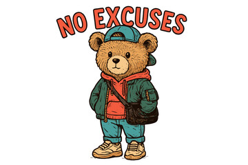 Cute cartoon bear wearing a cap and trendy outfit promoting a positive message about not making excuses