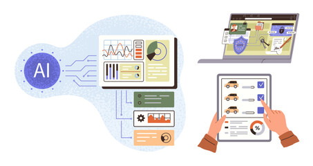 Digital dashboard with AI processing data, secure transactions on laptop, and user reviewing options on tablet. Ideal for AI, analytics, automation, cybersecurity, technology, innovation digital