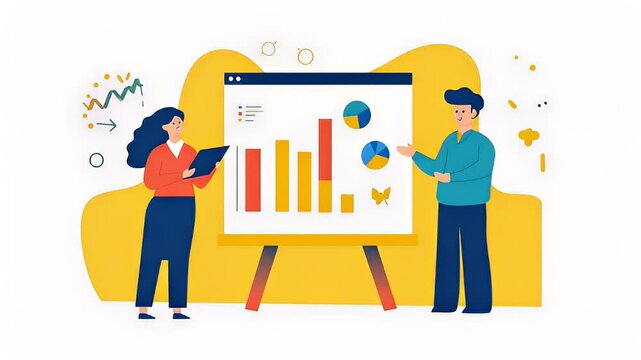 Stylized illustration of presentation with bar and pie charts, plus two people