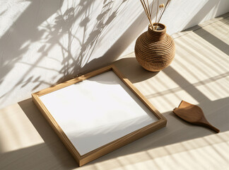 wooden frame mockup poster lying on the table with plant decor