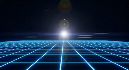Futuristic Blue Neon Grid Landscape with Bright Light and Starry Night Background
