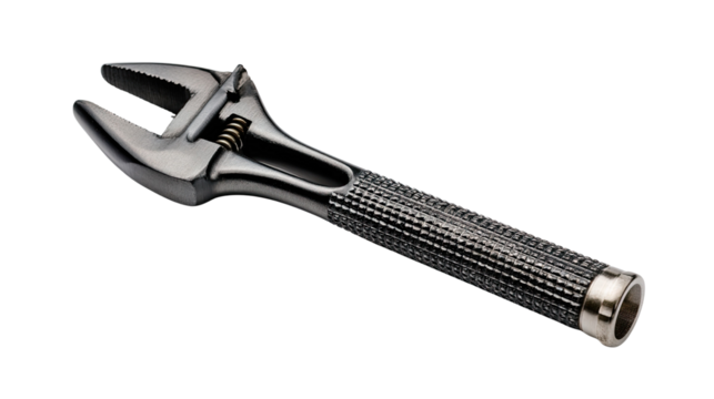Adjustable Wrench on Display: A close-up shot of an adjustable wrench, showcasing its polished metal finish and robust design, lies on a clear surface.