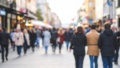 A view of the blurry city's streets during morning rush hour, when people in blurry silhouettes are walking.