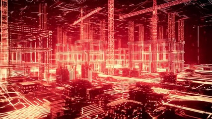 Futuristic cityscape with glowing red lines and structures depicting advanced technology and construction - Powered by Adobe