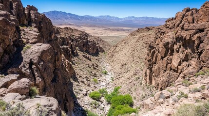 A scenic canyon view with steep, reddish-brown rock walls framing a narrow valley floor with a small stream and sparse vegetation, under a clear blue sky and distant mountains