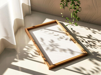 wooden frame mockup poster lying on the table with plant decor
