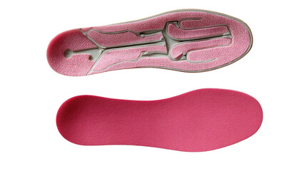 Ergonomic Insole Design: High-angle shot showcases the top and bottom of a pink ergonomic insole, designed for ultimate comfort and support, against a clean design aesthetic.