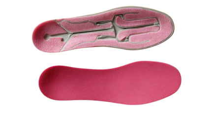 Ergonomic Insole Design: High-angle shot showcases the top and bottom of a pink ergonomic insole, designed for ultimate comfort and support, against a clean design aesthetic.