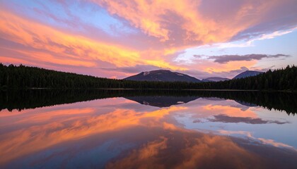 Fototapeta premium Colorful sunset over lake, mountains reflected