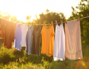 Clothes drying on a clothesline outdoors at sunset