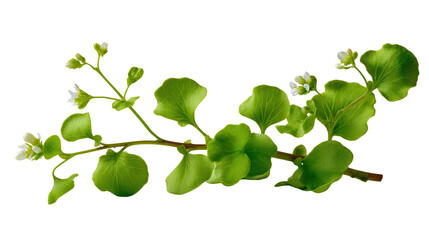 Captivating Green Plant with small flowers: A close-up shot highlights the intricate details of fresh plant stem with a few tiny white blossoms, the vibrant green leaves exude freshness.