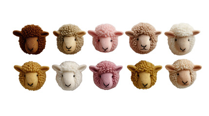 A Flock of Woolly Sheep: A delightful collection of meticulously crafted woolly sheep heads in an array of soft, inviting colors. The image evokes a sense of warmth and whimsy.