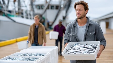 Fisherman carrying a tray of fresh fish