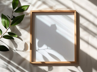 wooden frame mockup poster lying on the table with plant decor for art presentation