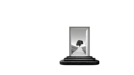 Solitary Tree in a Frame: A minimalist black and white photograph showcasing a lone tree on a path framed within a rectangular glass display atop a layered black base.
