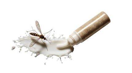 Mosquito on Puddle: A dramatic and thought-provoking photo showing a mosquito landing on a puddle of milky white liquid which is coming from a tube.