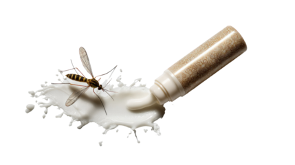 Mosquito on Puddle: A dramatic and thought-provoking photo showing a mosquito landing on a puddle of milky white liquid which is coming from a tube.