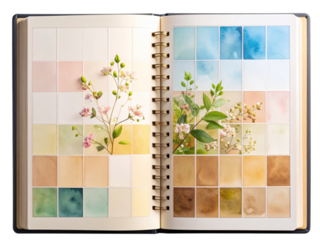 Top-Down View of Open Watercolor Pad with Half-Finished Floral Artwork in Warm Sunset Light, Transparent PNG - Powered by Adobe