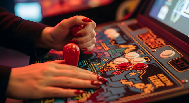 Female Hands with Red Nails Playing Retro Arcade Game with Colorful Buttons and Joystick