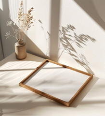 wooden frame mockup poster lying on the table with plant decor for art presentation