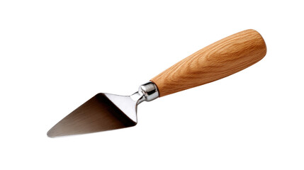 Cake server:Elegant cake server with a shiny, stainless steel blade and a warm wooden handle, ideal for showcasing artisanal desserts.
